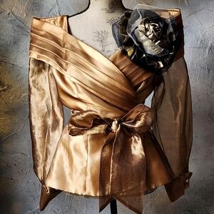 Designer Top Organza Gold Blouse Big Flower Rose Pin